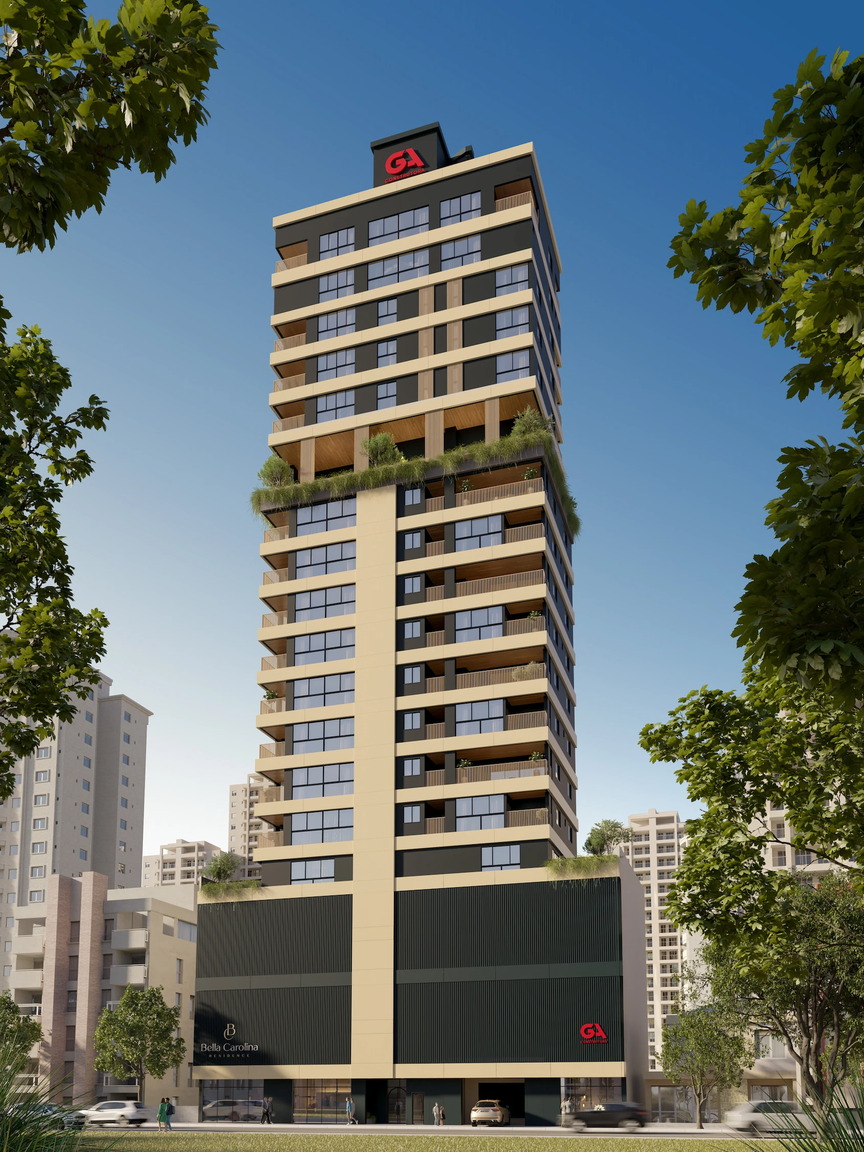 Perspectiva vertical da fachada completa do Bella Carolina Residence em Balneário Camboriú