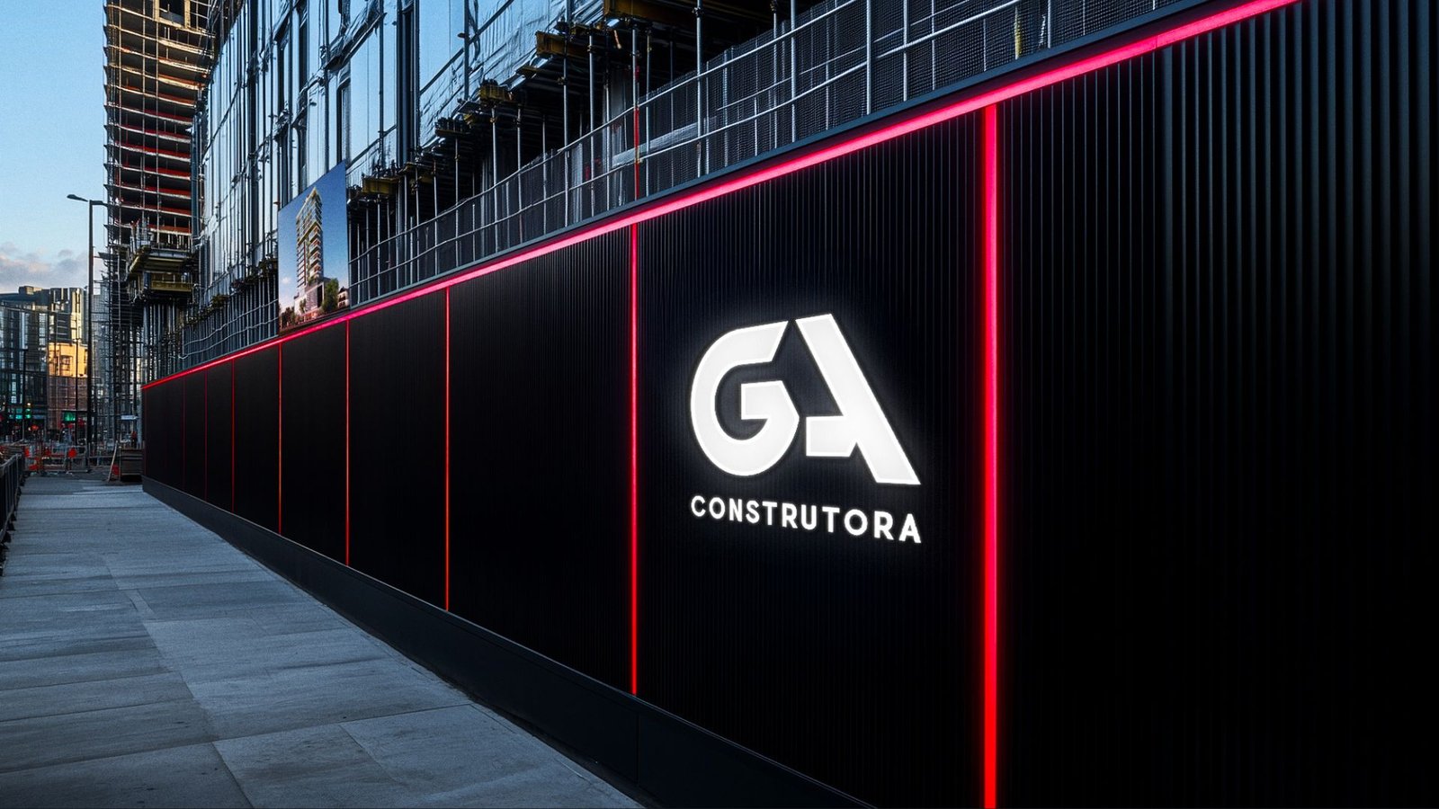 Aplicação da marca GA em outdoor urbano noturno