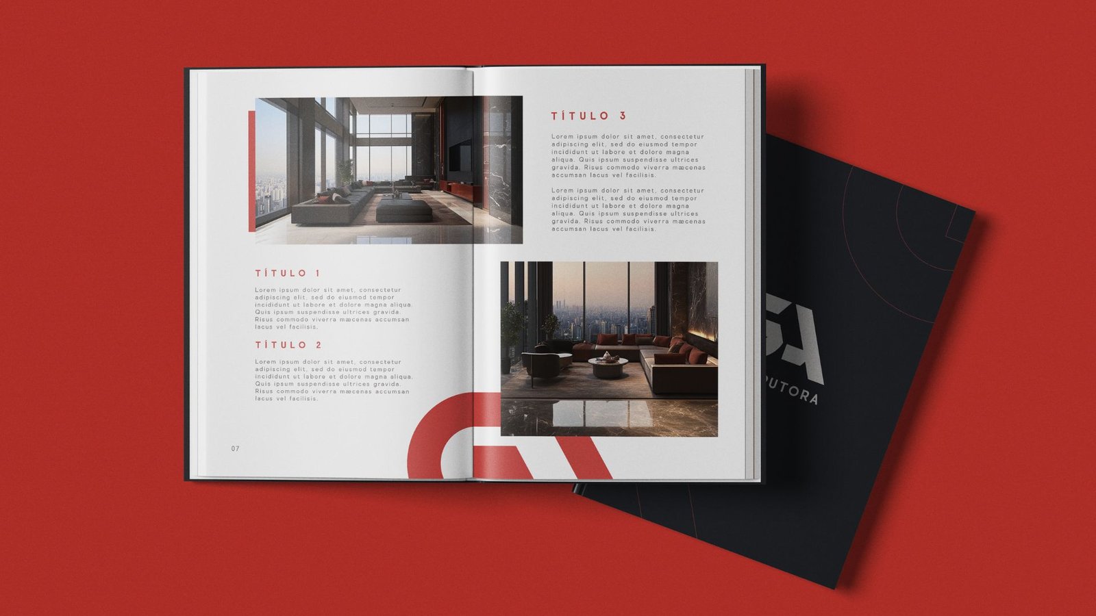 Mockup de material editorial da GA com páginas de empreendimento