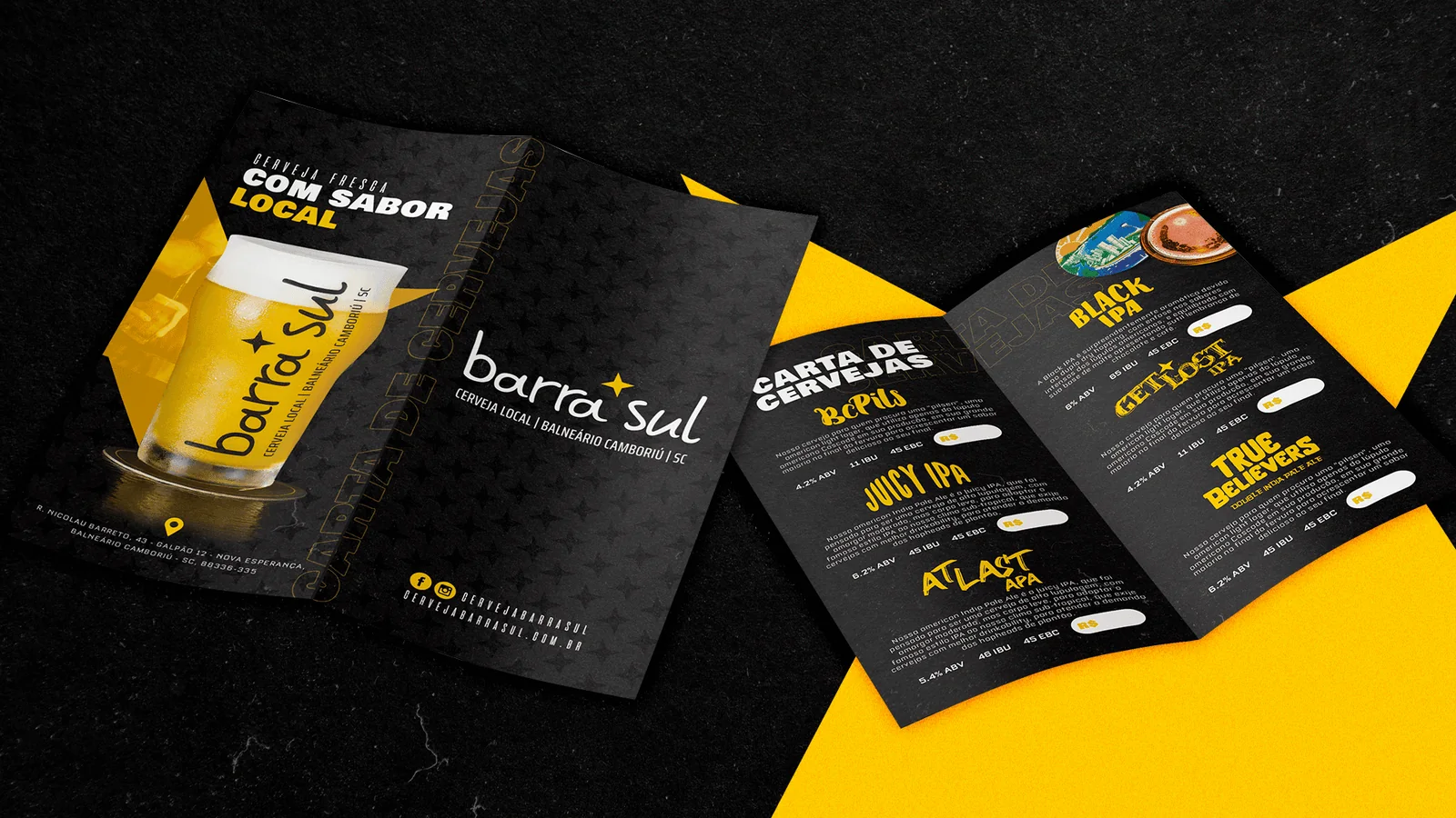 Cardápio e materiais impressos da Cervejaria Barra Sul