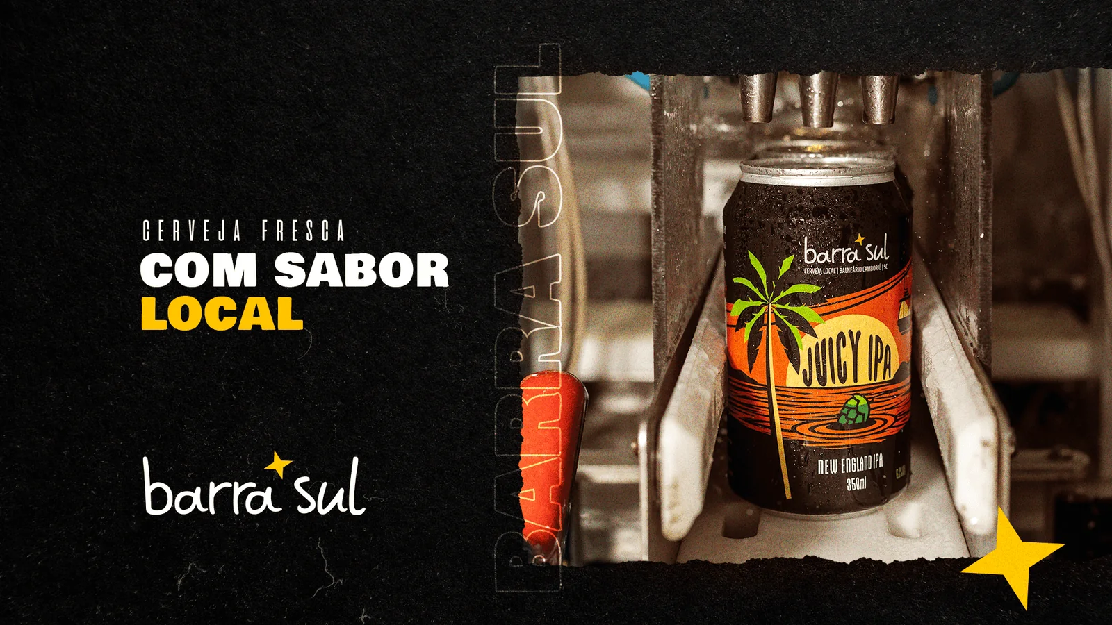 Lata Juicy IPA da Barra Sul sendo envasada na cervejaria